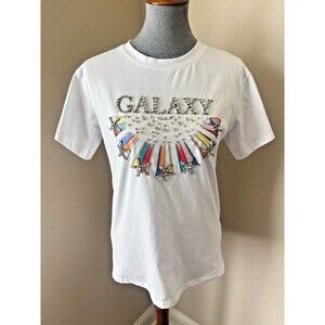 LC Lizette Collection Size Small White Rhinestone Embellished Galaxy Print Shirt